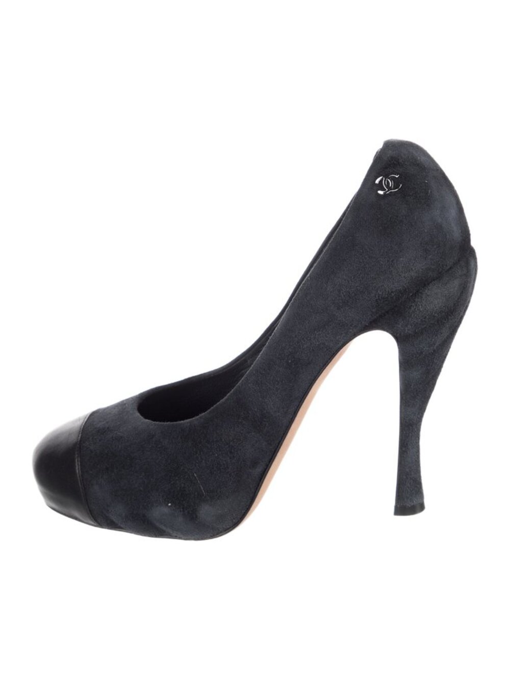 CHANEL Black Navy Suede Cap Toe Interlocking CC Logo Platform Pumps